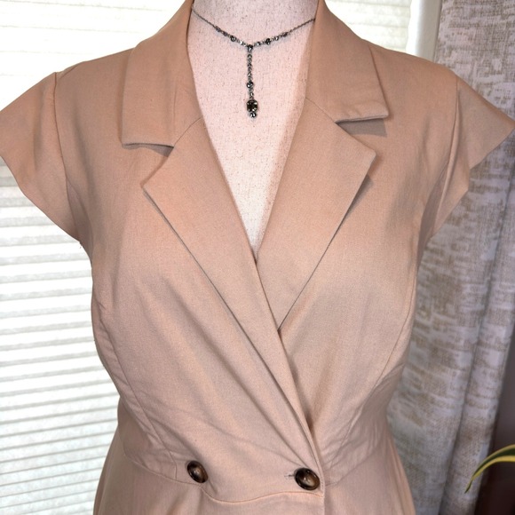 Women's 12 Linen Blend Double Breasted Fit & Flare Dress Tan Cap Sleeve Pockets - Picture 2 of 14
